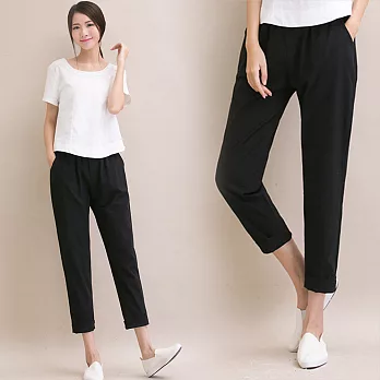 【NUMI】森-棉麻風顯瘦舒適哈倫褲-共3色-51233(M-2XL可選)L黑色