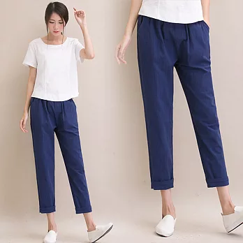 【NUMI】森-棉麻風顯瘦舒適哈倫褲-共3色-51233(M-2XL可選)L藏青色