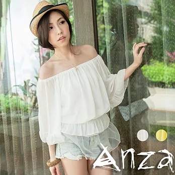 【AnZa】伸縮領寬袖荷葉擺雪紡上衣(2色) FREE白色