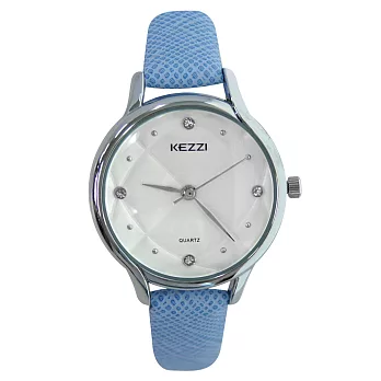 KEZZI珂紫 K-1567 優雅菱格水鑽皮帶錶-淺藍色