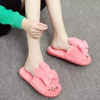 【Moscova】冬季家居家可爱蝴蝶结一字兔毛毛棉拖鞋S西瓜紅