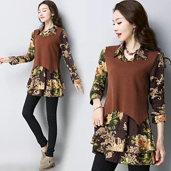 【NUMI】森-復古假兩件印花拼接上衣-共2色-51503-(L-2XL可選)L卡其