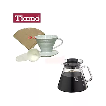 Tiamo V02白色陶瓷濾杯+耐熱玻璃壺650cc+濾紙組合 (HG5028+HG2302)