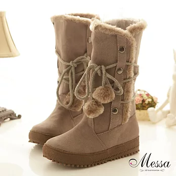 【Messa米莎】卡哇依毛球綁帶中筒雪靴_灰色_37