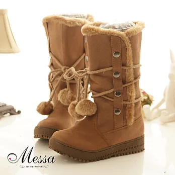 【Messa米莎】卡哇依毛球綁帶中筒雪靴_杏色_39