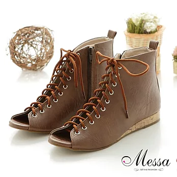 【Messa米莎】(MIT)率性綁帶低跟魚口踝靴_咖啡色_36