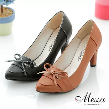 【Messa米莎】(MIT)復舊蝴蝶結內真皮粗跟包鞋_棕色_36