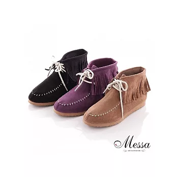 【Messa米莎】(MIT)甜美流蘇綁帶平底短筒靴_黑色_36
