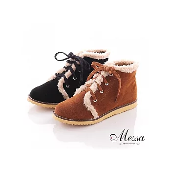 【Messa米莎】(MIT)俏麗滾邊絨毛麂皮絨短靴_黑色_35