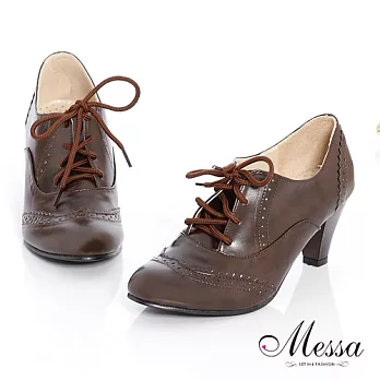 【Messa米莎】(MIT)英式復古牛津內真皮粗跟短靴_咖啡色_35