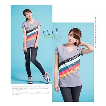 ELLE Active V領印花T恤_灰M灰色