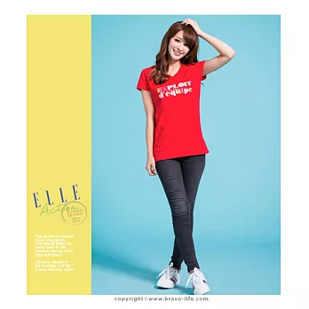 ELLE Active V領印花T恤_紅M紅色