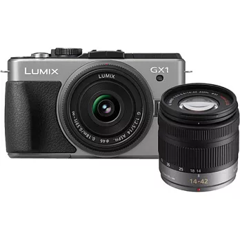 (平輸中文)Panasonic GX1+14mm F2.5+14-42mm 雙鏡組-送32G C10 記憶卡+專用電池+專用相機包+GX1專書+UV保護鏡x2+記憶卡收納皮夾+快門線+讀卡機+保護貼+吹球清潔組/銀色