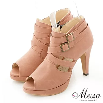 【Messa米莎】(MIT)潮流皮帶繞環鏤空內真皮厚底跟鞋-39粉紅色