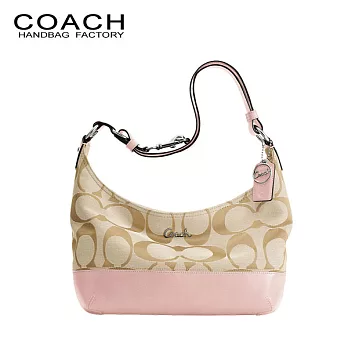 《COACH》卡其粉草寫Logo織布側肩/斜背兩用包