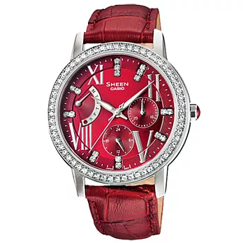CASIO SHEEN系列 狂熱夢想三環晶鑽時尚錶(皮帶-晶鑽紅)