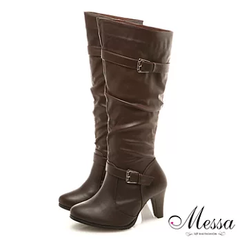 【Messa米莎】性感時尚皮帶釦環高跟長靴-39咖啡色