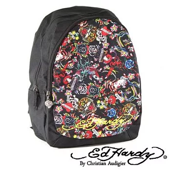 ED Hardy 印花經典刺青圖騰雙層中背包-黑色