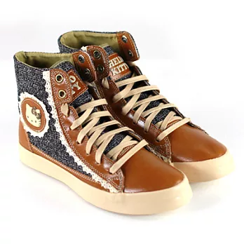 ◤Green Phoenix◥HELLO KITTY_蕾絲緞面高筒帆布鞋25淺棕色