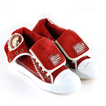 ◤Green Phoenix◥HELLO KITTY_蕾絲緞面反折兩穿高筒帆布鞋23.5酒紅色