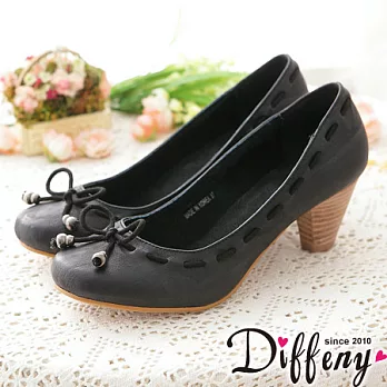 Diffeny 簡約甜心 刷色縫線結飾娃娃跟鞋-黑 38