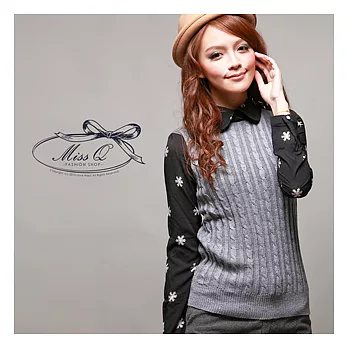 MISS Q 【8551】韓國 甜美針織拼雪紡袖雪花紋上衣FREE白色