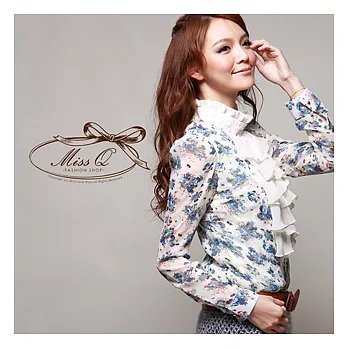 MISS Q 【745】韓國 甜美領口荷葉珍珠鍊雪紡印花襯衫FREE白底印花