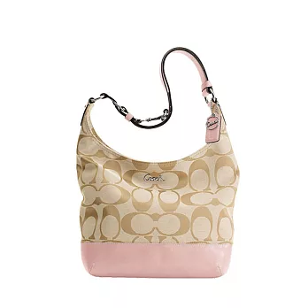 COACH 卡其粉草寫Logo織布大側肩/斜背兩用包卡其粉