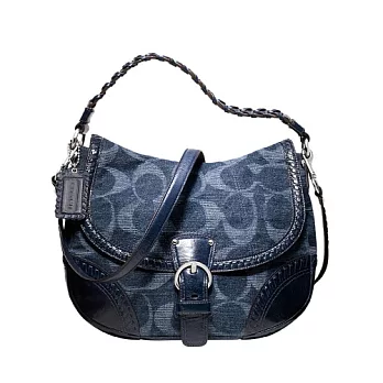 COACH 藍色丹寧皮飾邊馬鞍包藍色丹寧