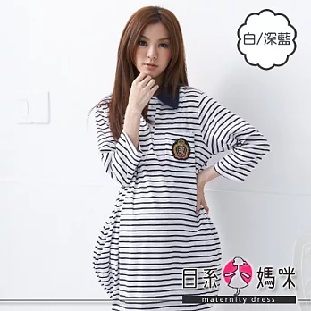 【日系小媽咪】POLO領撞色條紋孕婦哺乳上衣FREE(白/深藍)