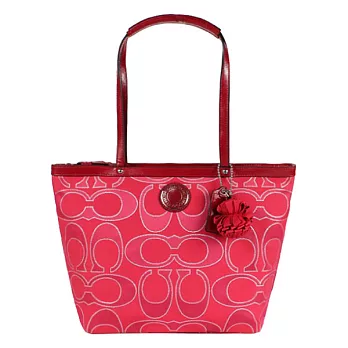 《COACH》紅色織布花朵吊飾肩側背托特包紅色