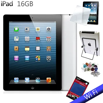 NEW IPAD 4(台灣公司貨) Wi-Fi 版 16GB+保護貼+水鑽耳機防塵塞+直立架+螢幕擦拭布黑
