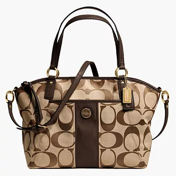 《COACH》卡其/咖啡_直條紋織布皮飾邊肩背/斜背兩用貝殼包卡其/咖啡