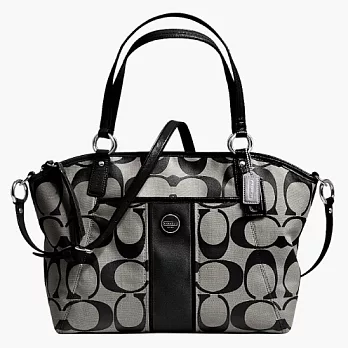 《COACH》黑/灰_直條紋織布皮飾邊肩背/斜背兩用貝殼包黑/灰