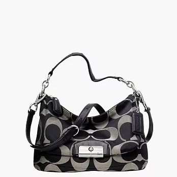 《COACH》黑/灰_C LOGO 織布皮飾邊前口袋磁扣肩背/斜背馬鞍/半月包黑/灰