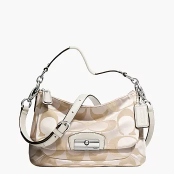 《COACH》卡其/白_C LOGO 織布皮飾邊前口袋磁扣肩背/斜背馬鞍/半月包卡其/白