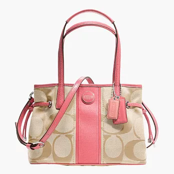 《COACH》卡其/珊瑚紅_C LOGO 直條肩背斜背兩用包卡其/珊瑚紅