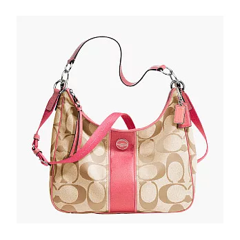 《COACH》卡其/珊瑚紅_直條 C LOGO 織布皮飾邊手提/(斜)肩背/兩用/馬鞍/半月包(大款)卡其/珊瑚紅