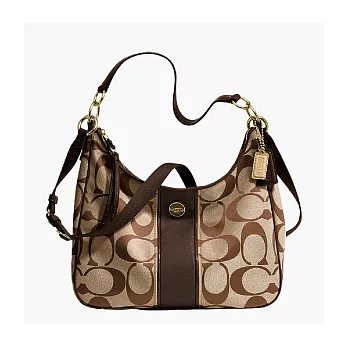 《COACH》卡其/咖啡_直條 C LOGO 織布皮飾邊手提/(斜)肩背/兩用/馬鞍/半月包(大款)卡其/咖啡