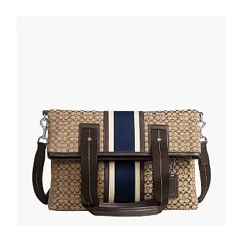 《COACH》卡其/海軍藍白條_c LOGO 經典直條織布皮飾邊肩背/斜背兩用托特包卡其/海軍藍白條