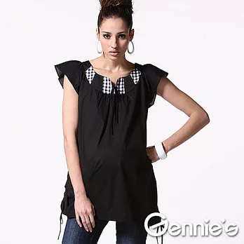 【Gennie’s奇妮】荷邊抽繩修飾感孕婦長版上衣(C3X26)S黑