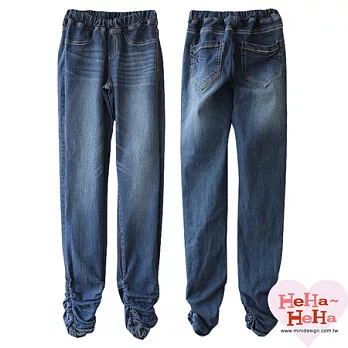 【HeHa】修身顯瘦刷色抽褶九分牛仔褲S*