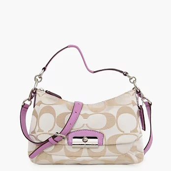 《COACH》卡其/紫_C LOGO 織布皮飾邊前口袋磁扣肩背/斜背馬鞍/半月包卡其/紫