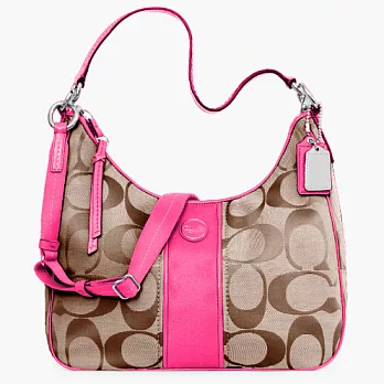 《COACH》卡其/紫紅色_直條 C LOGO 織布皮飾邊手提/(斜)肩背/兩用/馬鞍/半月包(大款)卡其/紫紅色