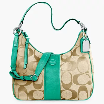 《COACH》卡其/翠玉綠_直條 C LOGO 織布皮飾邊手提/(斜)肩背/兩用/馬鞍/半月包(大款)卡其/翠玉綠