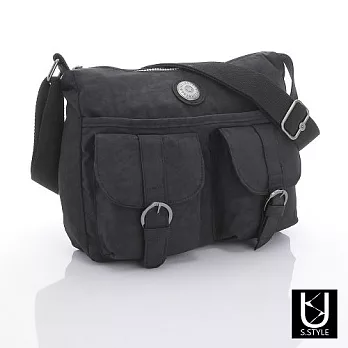 【US.style】S.style 防水皺皺布 超輕量 雙口袋 扣環造型 兩用隨身包(經典黑)