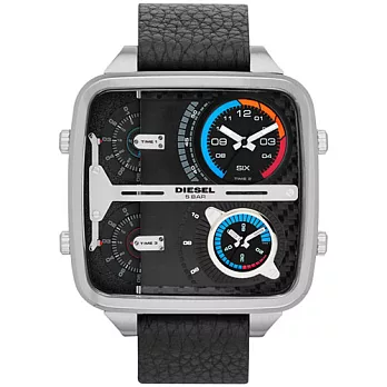 DIESEL 霸氣主導四時區方形腕錶-黑/皮帶