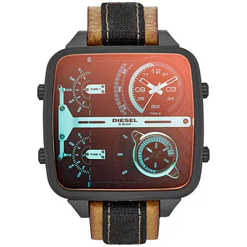 DIESEL 霸氣主導四時區方形腕錶-棕/皮帶