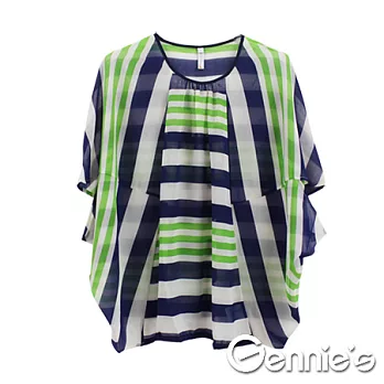 【Gennie’s奇妮】不規則條紋透膚飛鼠袖孕婦上衣(G3517)M藍綠相間