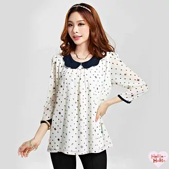【HeHa】娃娃領雪紡衫七分袖波點娃娃領女式襯衫(牙白)L牙白